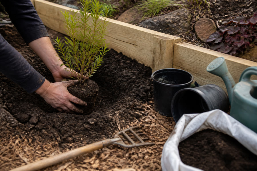 Hands planting a shrub into a new bed beside a timber-sleeper edge, compost and nursery pots on bark mulch.