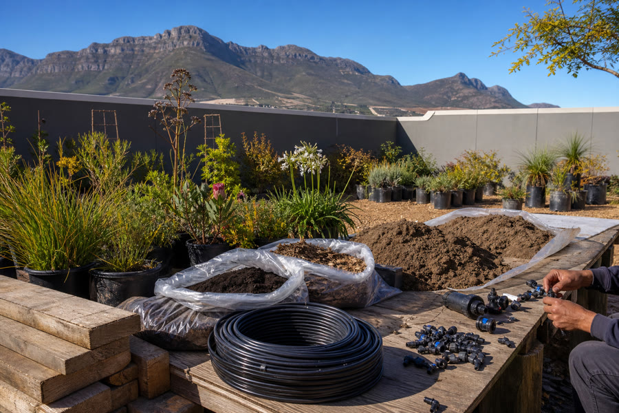 Timber sleepers, compost, bark mulch, indigenous nursery plants and irrigation pipe fittings staged for a Somerset West garden job.